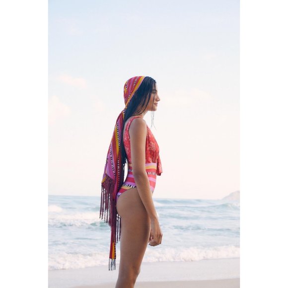 Farm Rio Red Tiki Bananas Lucy Stripe One Piece Swimsuit S M Mix Print Tie Front - Picture 2 of 6